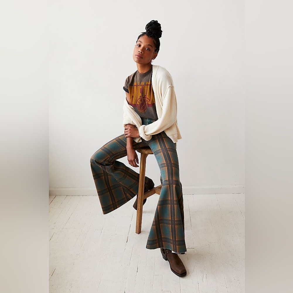 Free People Green Plaid Just Float on Flare 26 NWT
